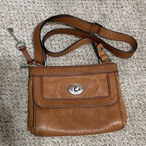 Fossil Cognac Leather Crossbody Bag with Turn-Lock